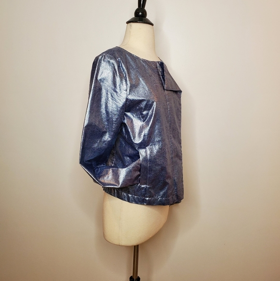 Vintage Emporio Armani Metallic Blue Embossed Jacket Hidden Zip Size 10 - Picture 3 of 13